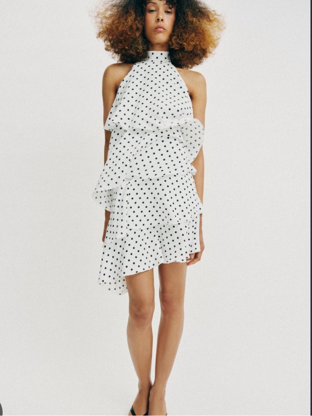 Zara White and Black Polka Dot One-Shoulder Ruffle Dress